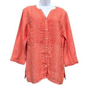 Talbots Cross Dye Orange 100% Linen Pintuck Tunic Top Boho Coastal Size M NEW